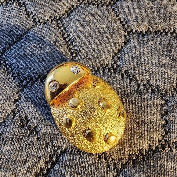 Gold Textured Lady Bug Brooch with Rhinestones - Picture 2 of 4